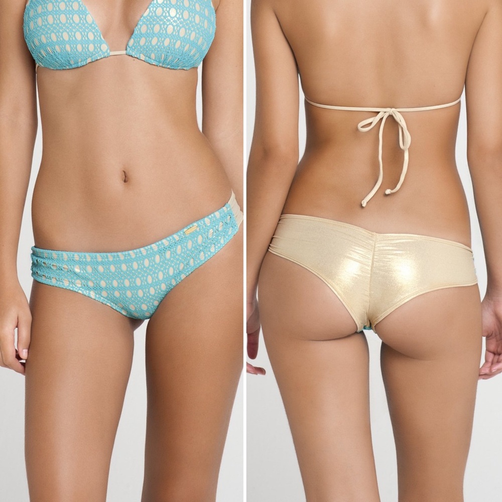 Luli Fama Teal Crochet Bikini with Gold Metallic Back